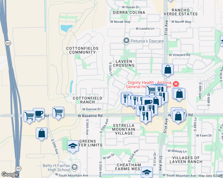 map of restaurants, bars, coffee shops, grocery stores, and more near 5435 West Minton Avenue in Phoenix