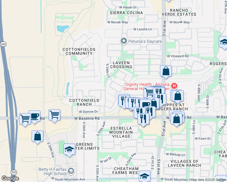 map of restaurants, bars, coffee shops, grocery stores, and more near 5435 West Minton Avenue in Phoenix