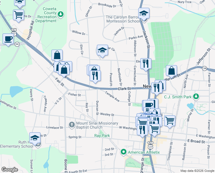 map of restaurants, bars, coffee shops, grocery stores, and more near 14 Powell Place in Newnan