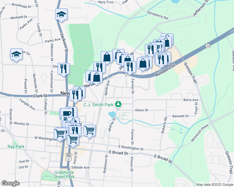 map of restaurants, bars, coffee shops, grocery stores, and more near 7 Swint Place in Newnan
