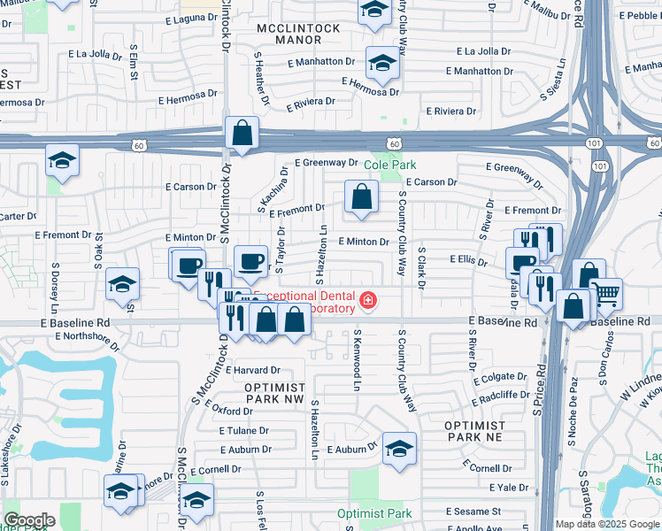 map of restaurants, bars, coffee shops, grocery stores, and more near 1904 East Ellis Drive in Tempe
