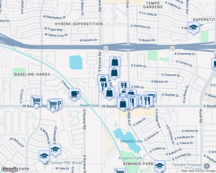 map of restaurants, bars, coffee shops, grocery stores, and more near 4930 South Ash Avenue in Tempe