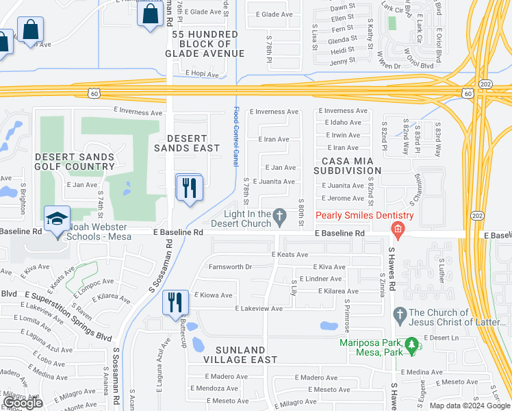 map of restaurants, bars, coffee shops, grocery stores, and more near 7814 East Javelina Avenue in Mesa