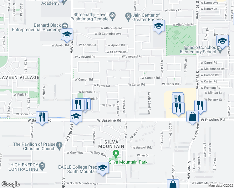 map of restaurants, bars, coffee shops, grocery stores, and more near 2223 West Minton Street in Phoenix