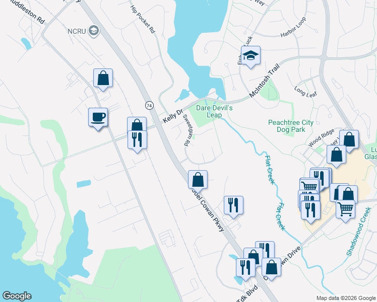 map of restaurants, bars, coffee shops, grocery stores, and more near 121 Sweetgum Road in Peachtree City