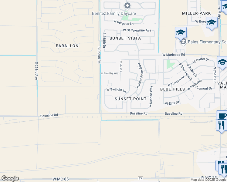 map of restaurants, bars, coffee shops, grocery stores, and more near 25815 West Twilight Lane in Buckeye