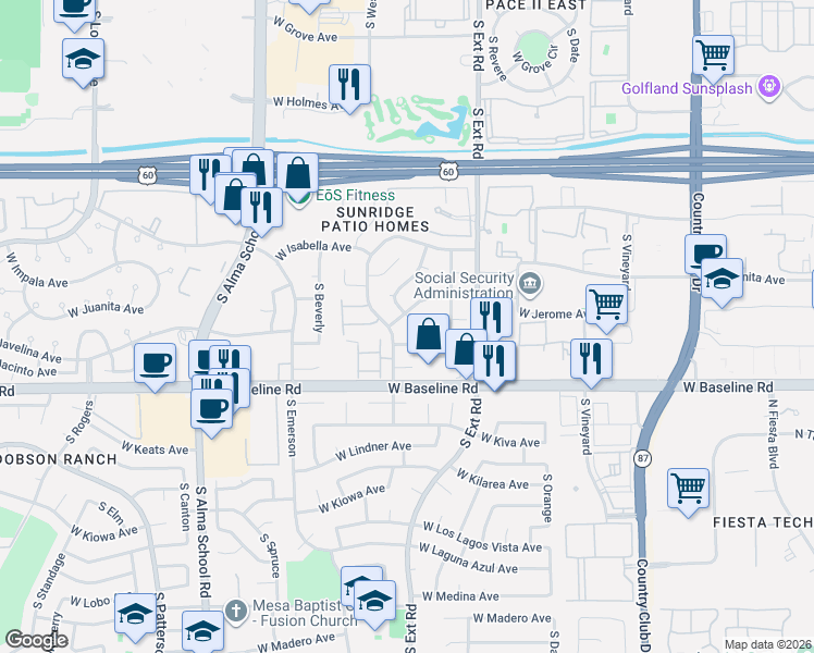 map of restaurants, bars, coffee shops, grocery stores, and more near 1840 South Heritage in Mesa