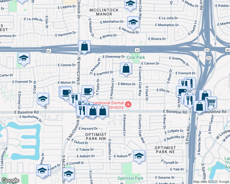 map of restaurants, bars, coffee shops, grocery stores, and more near 1904 East Ellis Drive in Tempe