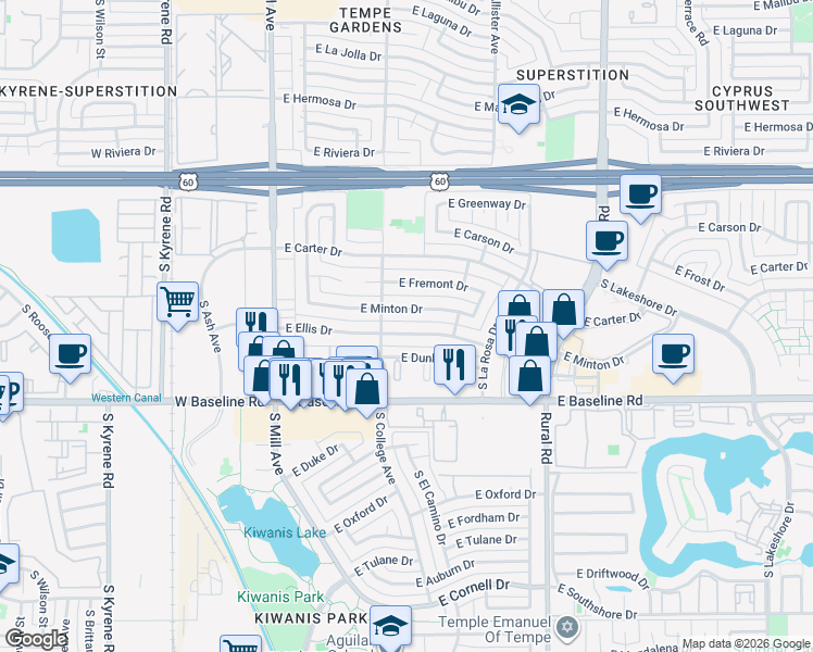 map of restaurants, bars, coffee shops, grocery stores, and more near 317 East Minton Drive in Tempe