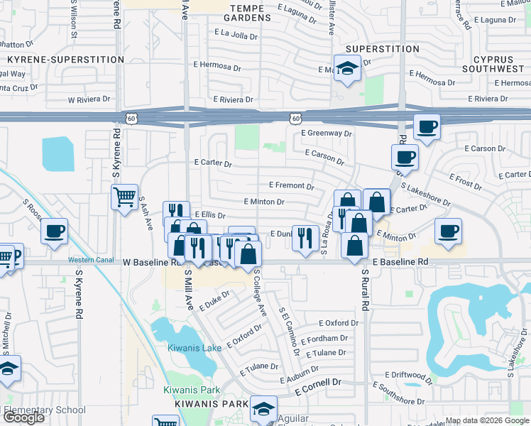 map of restaurants, bars, coffee shops, grocery stores, and more near 317 East Minton Drive in Tempe