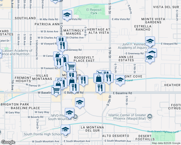 map of restaurants, bars, coffee shops, grocery stores, and more near 311 East Carter Road in Phoenix