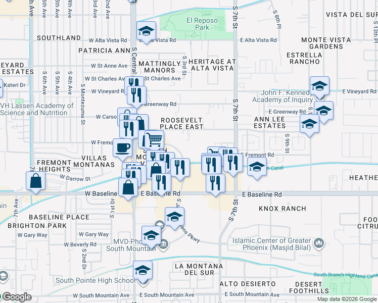map of restaurants, bars, coffee shops, grocery stores, and more near 311 East Carter Road in Phoenix