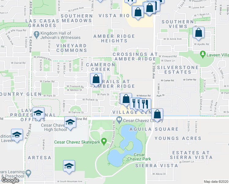 map of restaurants, bars, coffee shops, grocery stores, and more near 3723 West Fremont Road in Phoenix