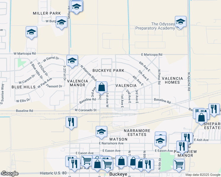 map of restaurants, bars, coffee shops, grocery stores, and more near 114 2nd Avenue East in Buckeye