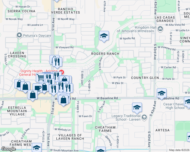 map of restaurants, bars, coffee shops, grocery stores, and more near 4750 West Fremont Road in Phoenix