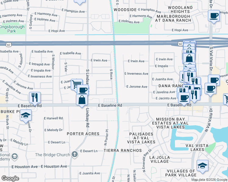 map of restaurants, bars, coffee shops, grocery stores, and more near 2939 East Jerome Avenue in Mesa