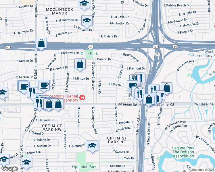 map of restaurants, bars, coffee shops, grocery stores, and more near 2054 East Ellis Drive in Tempe