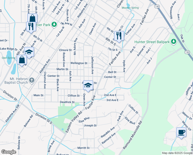 map of restaurants, bars, coffee shops, grocery stores, and more near 503 Center Street in Bessemer