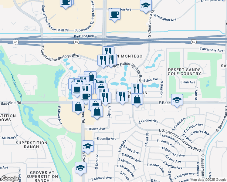 map of restaurants, bars, coffee shops, grocery stores, and more near 1849 South Power Road in Mesa