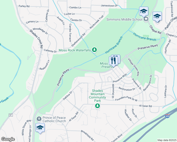 map of restaurants, bars, coffee shops, grocery stores, and more near 547 Oakline Drive in Birmingham