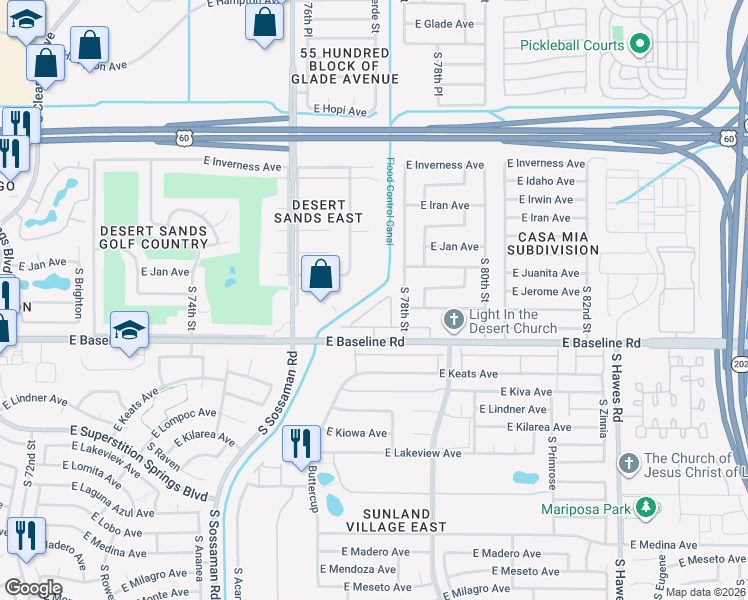 map of restaurants, bars, coffee shops, grocery stores, and more near 1831 South 77th Street in Mesa