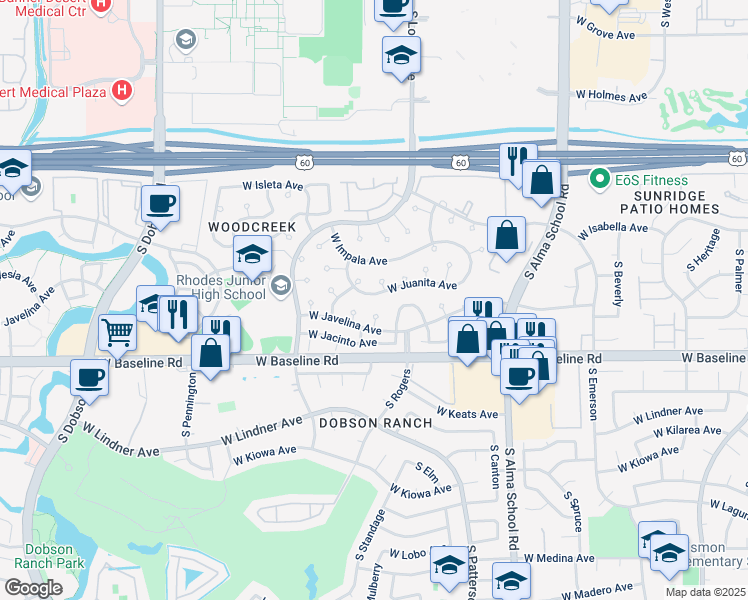 map of restaurants, bars, coffee shops, grocery stores, and more near 1519 West Juanita Avenue in Mesa