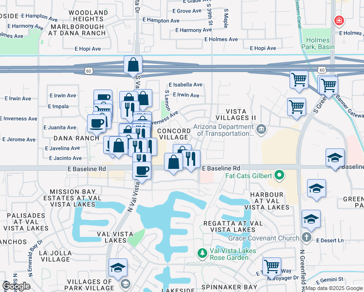 map of restaurants, bars, coffee shops, grocery stores, and more near 1822 South 39th Street in Mesa