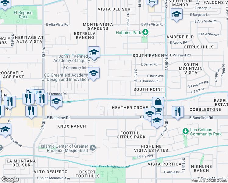 map of restaurants, bars, coffee shops, grocery stores, and more near 7305 South 12th Way in Phoenix