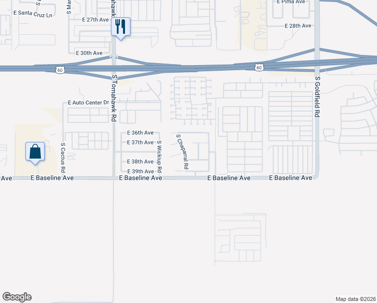map of restaurants, bars, coffee shops, grocery stores, and more near 3768 South Bowman Road in Apache Junction