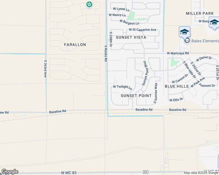 map of restaurants, bars, coffee shops, grocery stores, and more near 7135 South 259th Drive in Buckeye