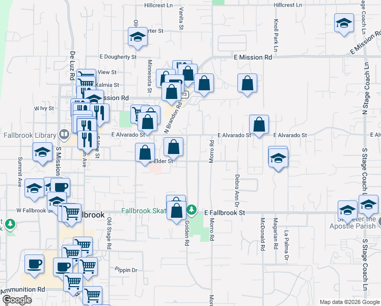 map of restaurants, bars, coffee shops, grocery stores, and more near 205 Potter Street in Fallbrook
