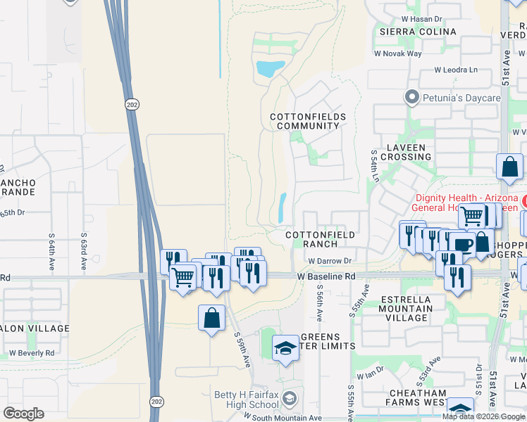 map of restaurants, bars, coffee shops, grocery stores, and more near 7214 South 58th Avenue in Phoenix