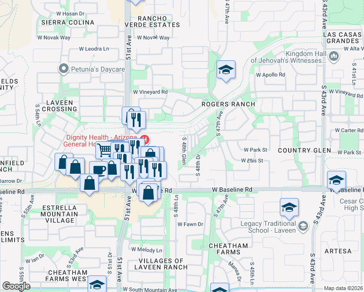 map of restaurants, bars, coffee shops, grocery stores, and more near 7214 South 48th Glen in Phoenix