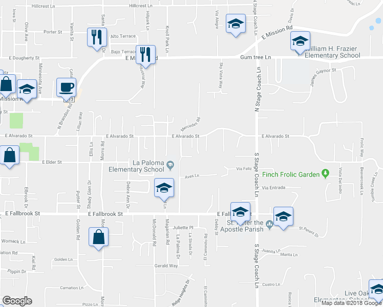 map of restaurants, bars, coffee shops, grocery stores, and more near 184 South Mercedes Road in Fallbrook