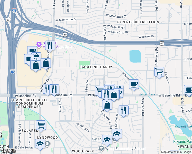 map of restaurants, bars, coffee shops, grocery stores, and more near 1033 West Minton Drive in Tempe