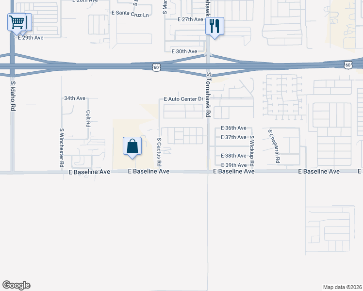 map of restaurants, bars, coffee shops, grocery stores, and more near 3700 South Tomahawk Road in Apache Junction