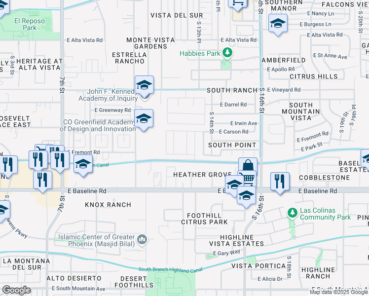 map of restaurants, bars, coffee shops, grocery stores, and more near 7306 South 13th Street in Phoenix