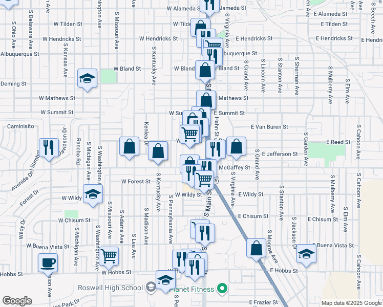 map of restaurants, bars, coffee shops, grocery stores, and more near 1100 S Main St in Roswell