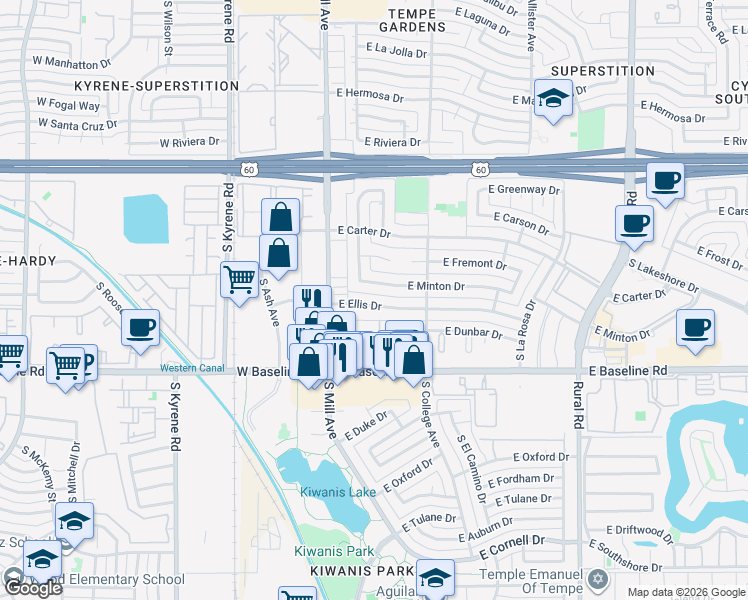 map of restaurants, bars, coffee shops, grocery stores, and more near 128 East Ellis Drive in Tempe