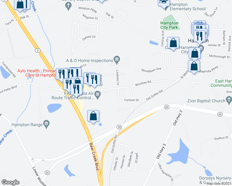 map of restaurants, bars, coffee shops, grocery stores, and more near 4 Westside Drive in Hampton