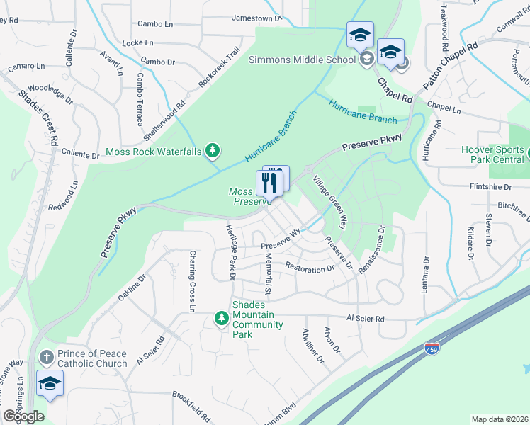 map of restaurants, bars, coffee shops, grocery stores, and more near 622 Preserve Parkway in Hoover