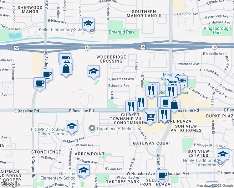 map of restaurants, bars, coffee shops, grocery stores, and more near 1655 East Jerome Avenue in Mesa