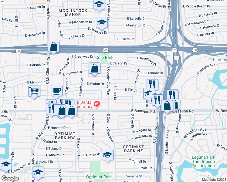 map of restaurants, bars, coffee shops, grocery stores, and more near 4820 South Clark Drive in Tempe