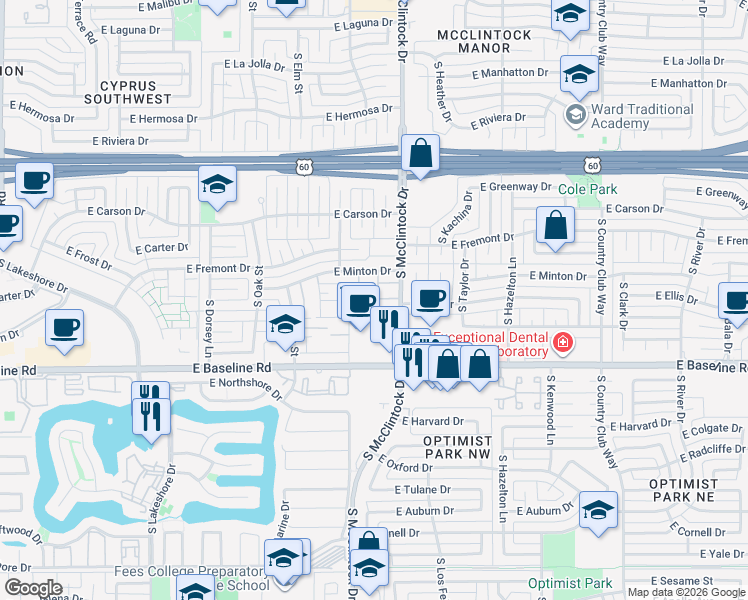 map of restaurants, bars, coffee shops, grocery stores, and more near 4906 South Alder Drive in Tempe