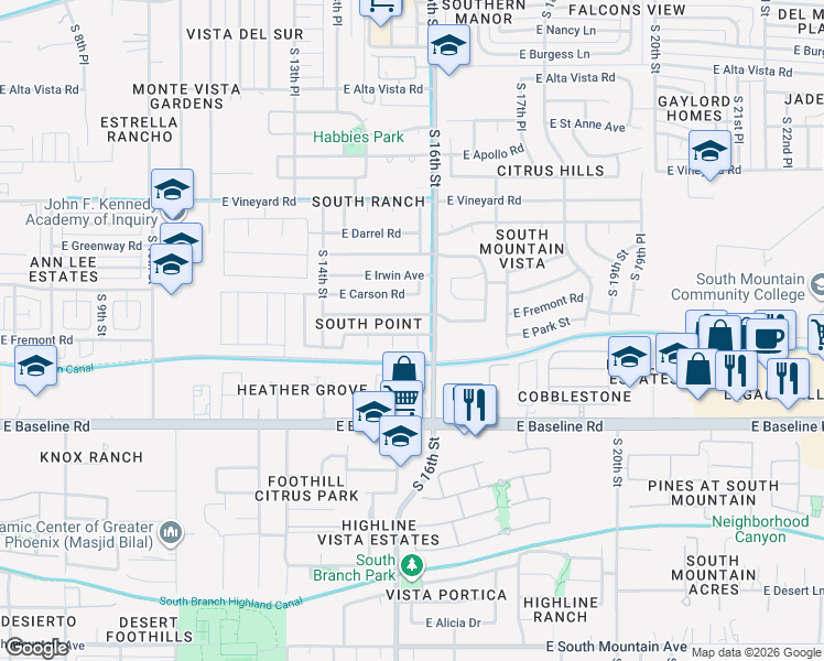 map of restaurants, bars, coffee shops, grocery stores, and more near 1511 East Carter Road in Phoenix