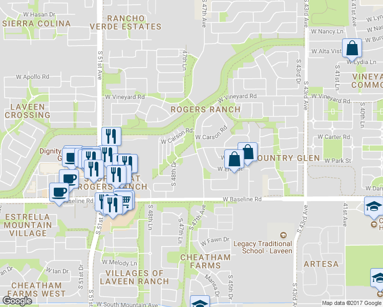 map of restaurants, bars, coffee shops, grocery stores, and more near 4742 West Fremont Road in Phoenix