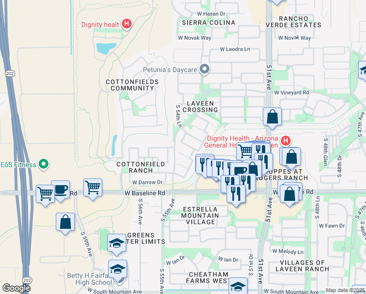 map of restaurants, bars, coffee shops, grocery stores, and more near 5435 West Minton Avenue in Phoenix