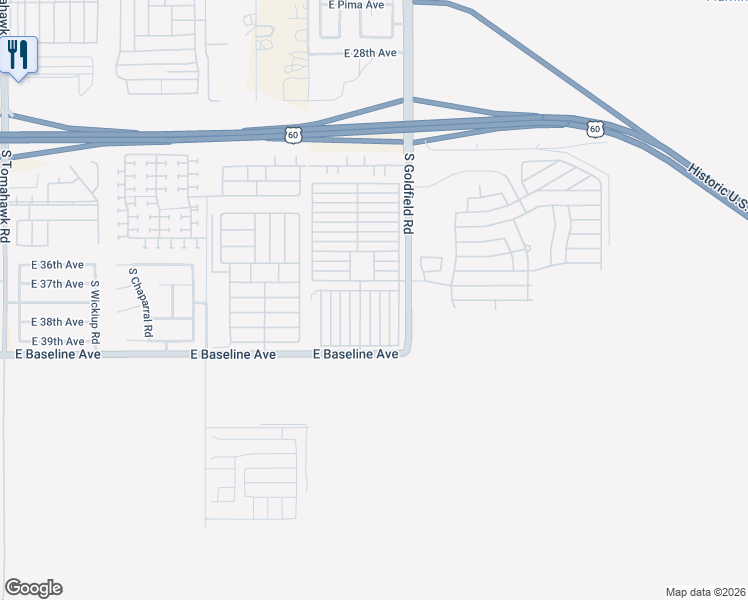 map of restaurants, bars, coffee shops, grocery stores, and more near 3710 South Goldfield Road in Apache Junction