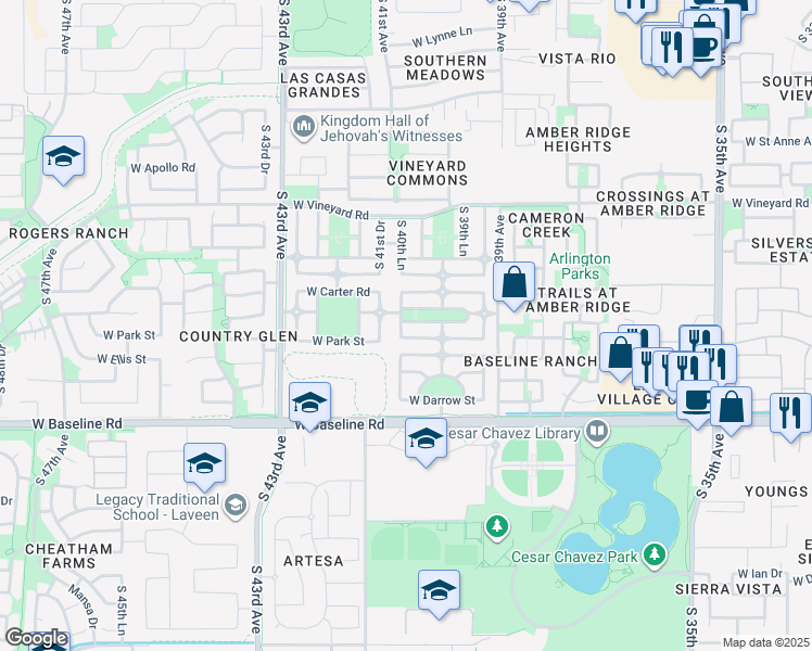 map of restaurants, bars, coffee shops, grocery stores, and more near 7229 South 40th Lane in Phoenix