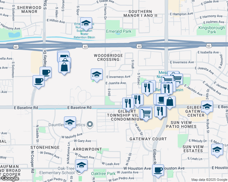 map of restaurants, bars, coffee shops, grocery stores, and more near 1655 East Jerome Avenue in Mesa